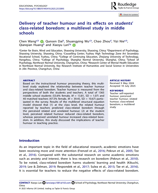 2025.07（Education psychology）Delivery of teacher humour and its effects on students class-related boredom a multilevel study in middle schools_02